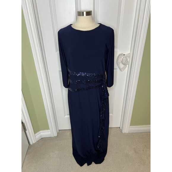 R&M RICHARDS Maxi Dress Gown Navy Blue Stretch Knit Ruffle Sequins Sz 14 Evening - Picture 1 of 12